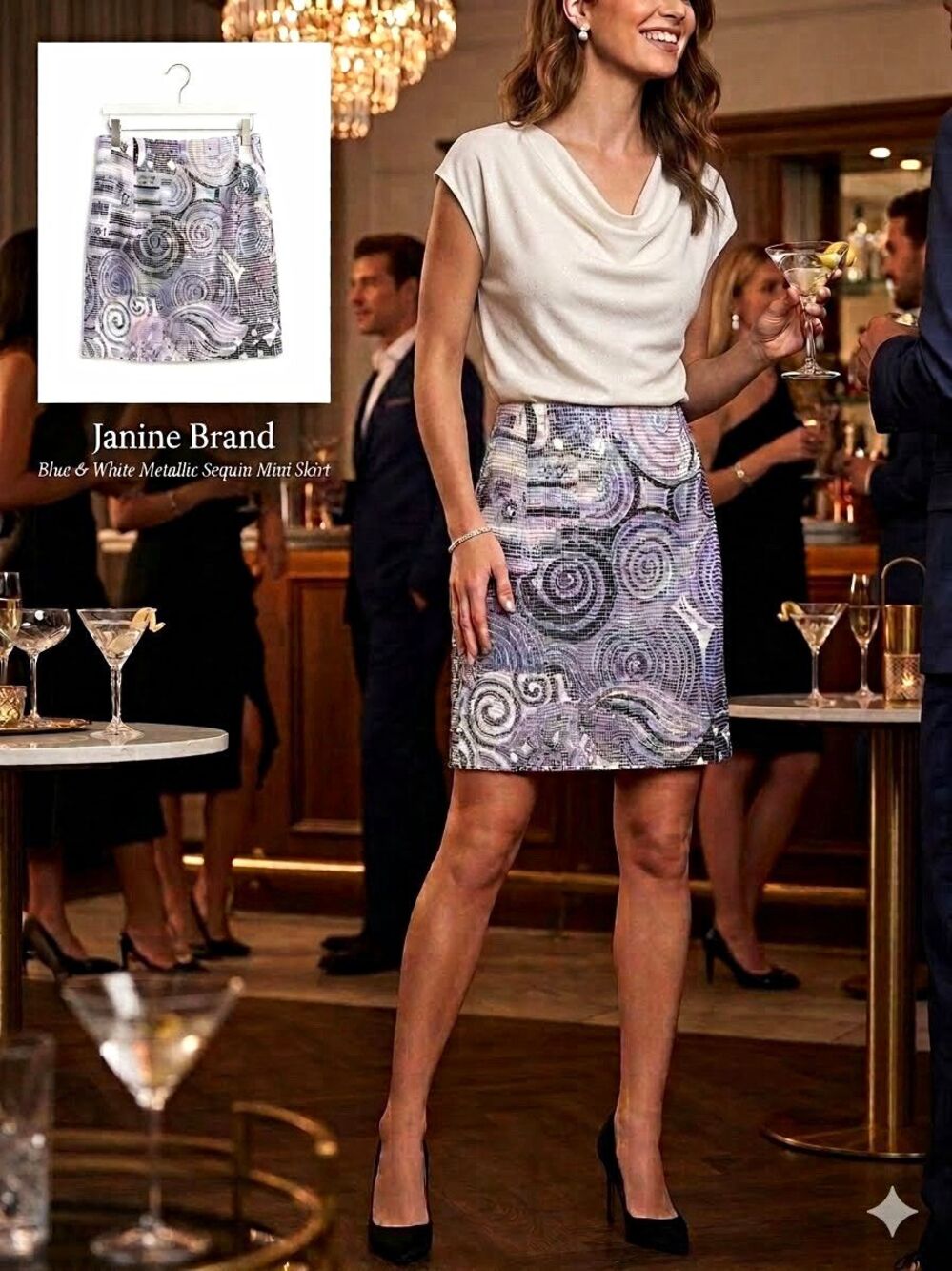 Janine M Mini Skirt Geometric Sequin, Lined Zip Mid Rise Blue White Silver Party